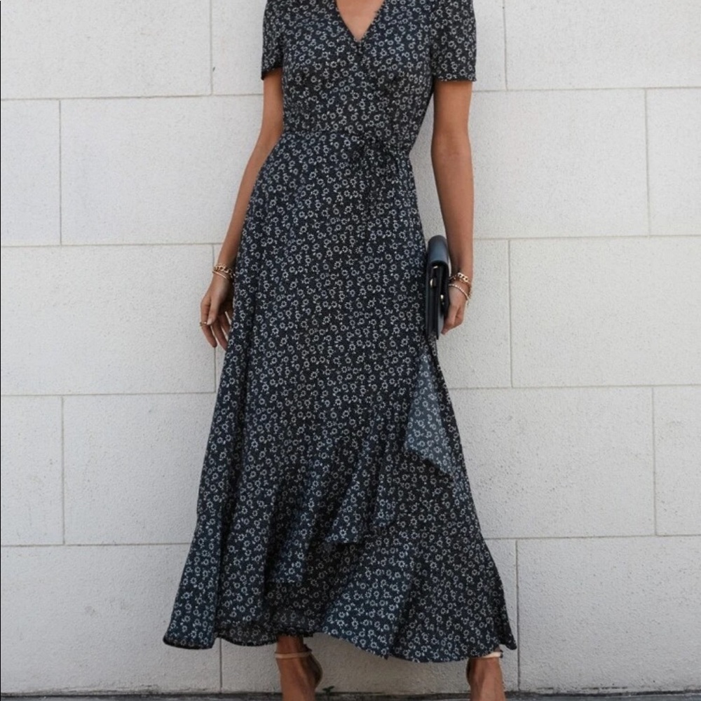 Black floral wrap dress
